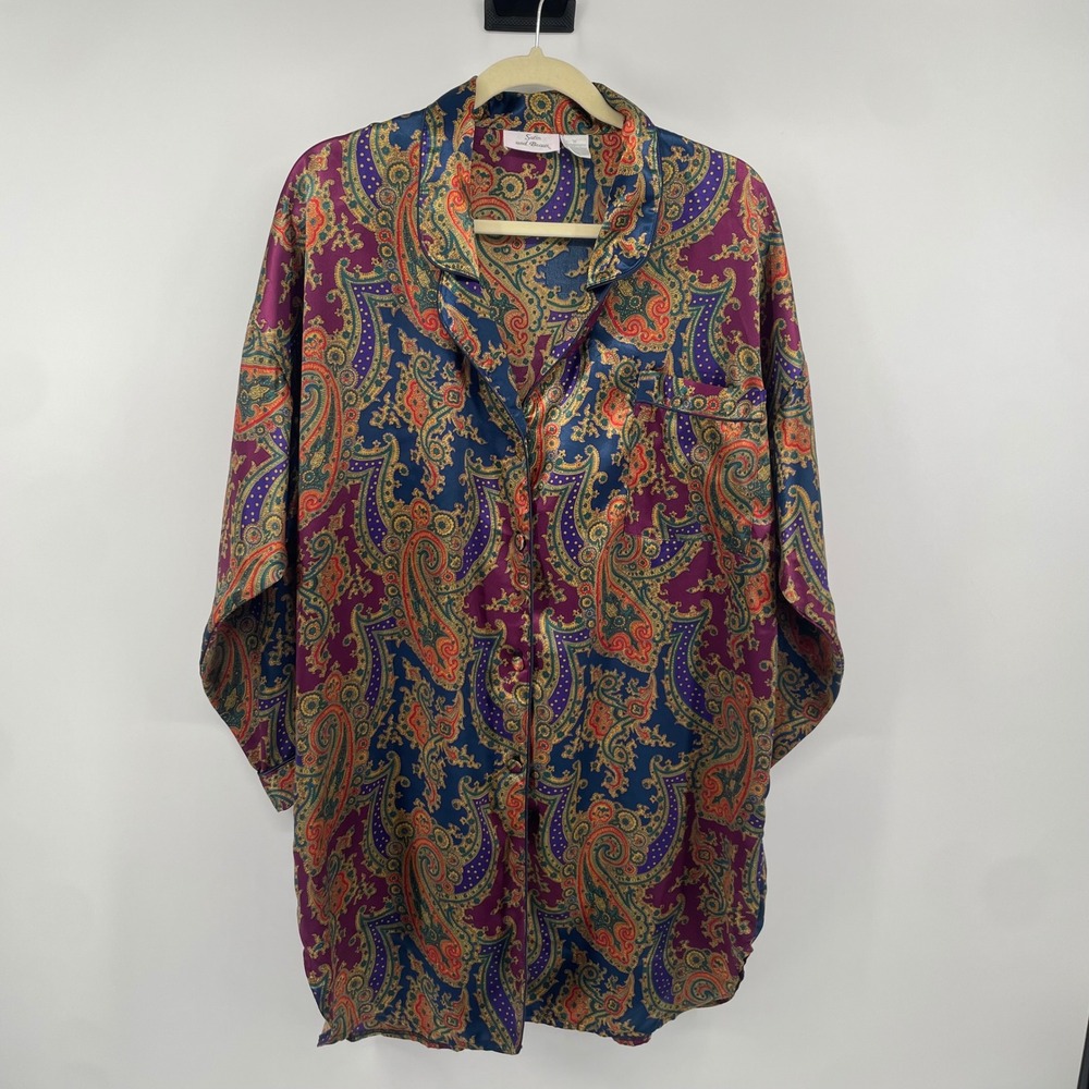 Satin and Beaux Sleep Shirt Women Medium Multi Paisley Satin Button Up Nightgown